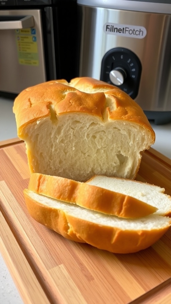 Classic White Bread Machine Recipe (1.5 lb) A golden crusted loaf of white bread on a cutting board, with slices displayed, in a cozy kitchen.